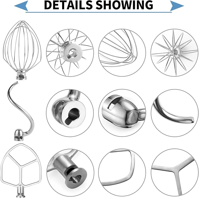 Stainless Steel 3 Piece kit Attachments，Dough Hook 6 Wire Whisk Flat Beater Compatible with KitchenAid 5Plus -6QT Mixer，Bowl Lift Stand Mixer Accessory，Rust Resistant，Dishwasher Safe