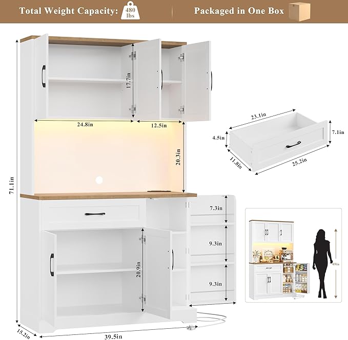 HIFIT 71" LED Pantry Cabinet with Power Outlet, Tall Kitchen Hutch Storage Cabinet with Microwave Stand & 6 Door Shelves, Modern Food Pantry Cabinets with Drawer for Kitchen Dining Living Room, White