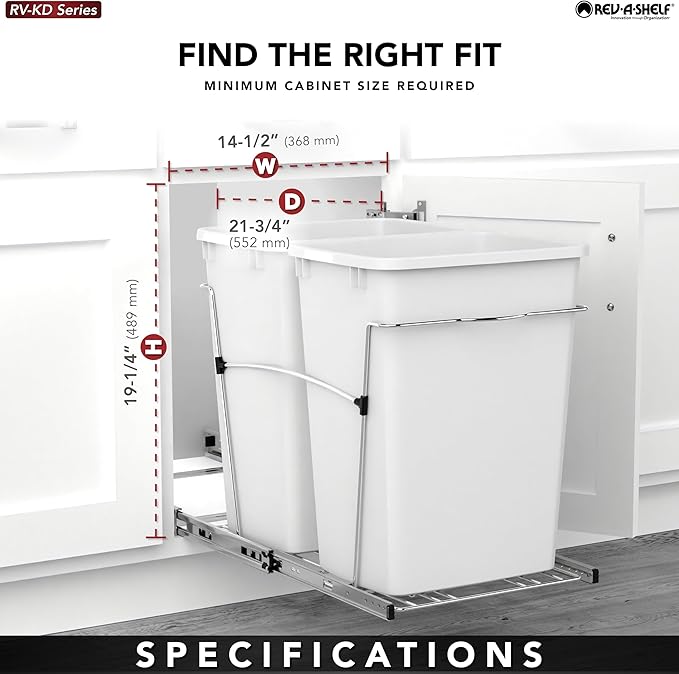 Rev-A-Shelf Double Pullout Trash Can for Kitchen Cabinets 35 Qt Garbage Recycling Bin on Full-Extension Slides, Silver, RV-18KD-17C S