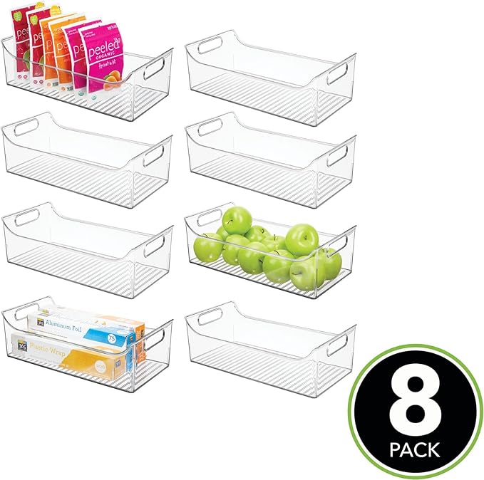 mDesign Slim Plastic Kitchen Pantry Cabinet, Fridge or Freezer Storage Bin with Handles - Organizer Containers for Fruit, Yogurt, Snacks, Pasta - 16" Long - Ligne Collection - 8 Pack - Clear