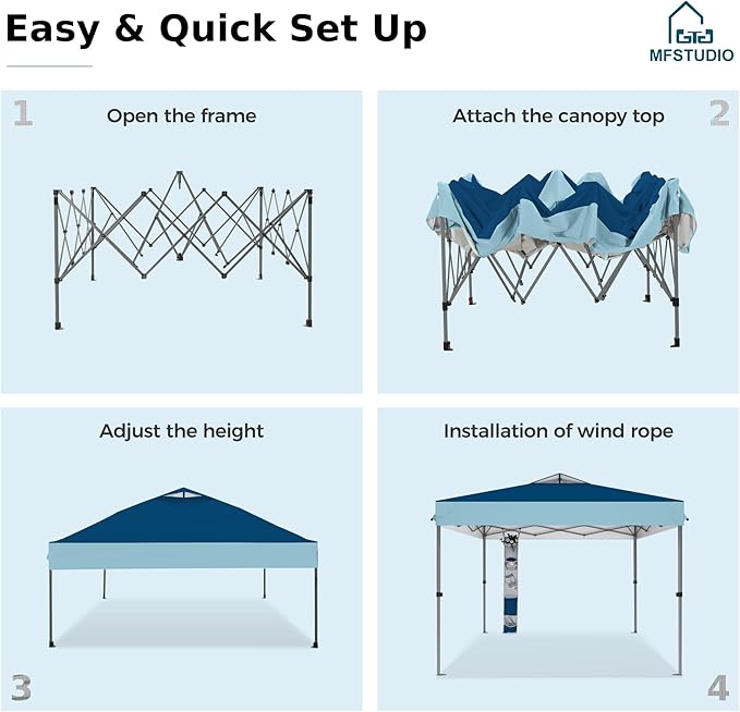 MFSTUDIO 10x10 Pop up Canopy Tent, Gazebo Shelter Sun Shade Canopies One Push Setup Portable Popup Easy Set up Tents with Vented Top,Storage,4 Sandbags,for Beach,Parties,Camping