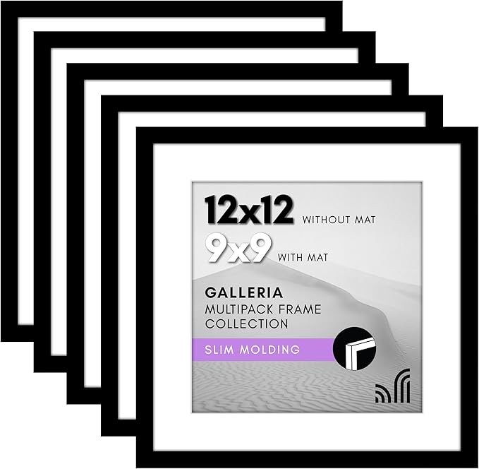 Americanflat 12x12 Picture Frame with Polished Plexiglass - Set of 5 - Use as 9x9 Frame with Mat or Display 12x12 Photo Without Mat - Galleria Collection - Square Frames for Wall Display - Black