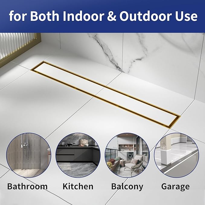 Linear Shower Drain 18", Brushed Gold Floor Drain with Tiled Insert Grate & Hair Strainer, 304 Stainless Steel Bathroom 2-in-1 Tiled in Drain, CUPC Certified (Brushed Gold, 18'')