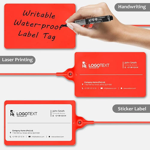 100 Plastic Waterproof Shipping Tags - Writable Marker Ties, Hanging Security Tamper Seals for Labeling and Storage - With One Marker Pen (Red)