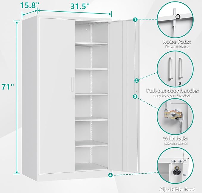 SISESOL Metal Storage Storage Cabinet with 5 Adjustable Shelves,White Metal Cabinet with Locking Doors,Steel Pantry Cabinet with Lock,71" Lockable Storage Cabinet for Home,Office,Garage,Kitchen,Shop