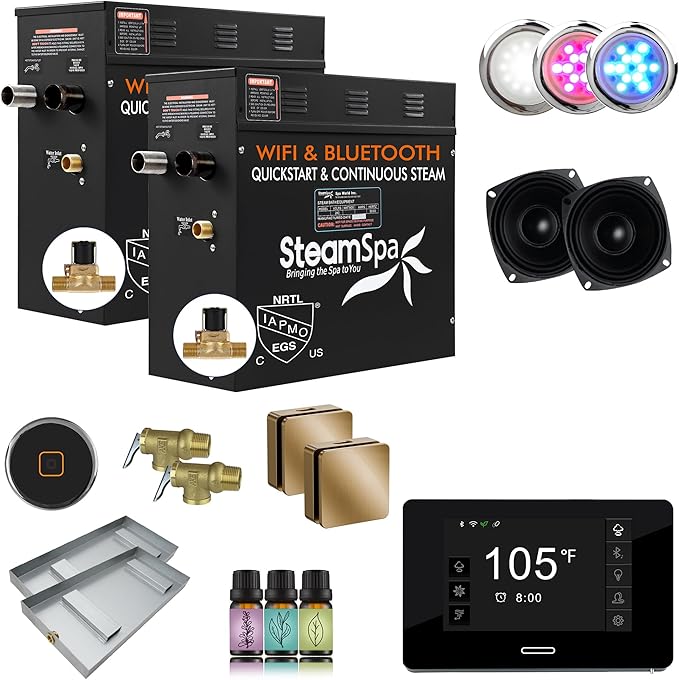 SteamSpa Steam System 18kW Steam Shower Generator with Bluetooth Wifi, Quickstart Continous Steam, Advanced Touch Pad Screen, Chroma Lights, Drain Pan and Auto Drain Gold RVBS1800GD-A