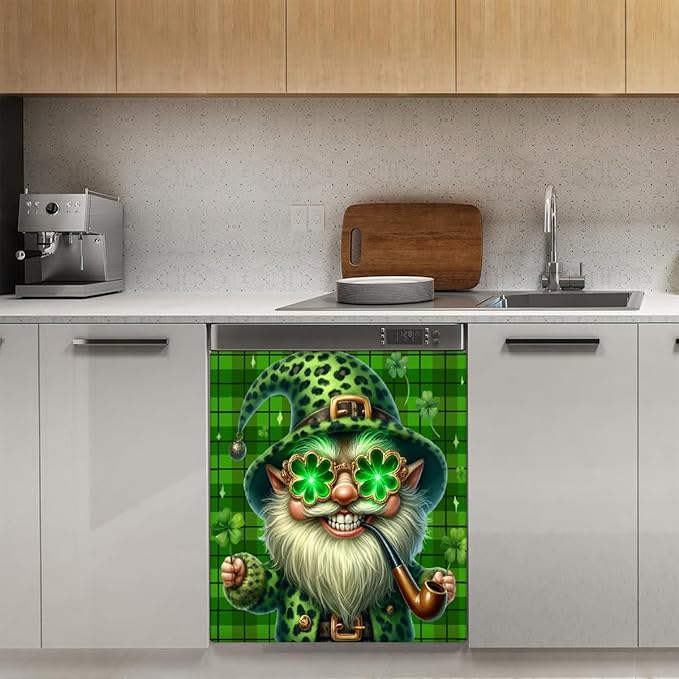 St Patrick Green Funny Gnome Dishwasher Magnet Cover Magnetic Dishwasher Decorative Cover Front Dishwasher Door Covers Reuseable Dishwasher Covers Decal for Kitchen Home Decorative