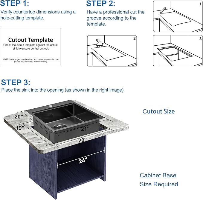 Scamall 21x20x10 Drop In Kitchen Sink Workstation, Nano Black 304 Stainless Steel Deep Single Bowl with Quick Drainage & Tarnish-Free Surface for Bar, Laundry, RV, Includes Accessories