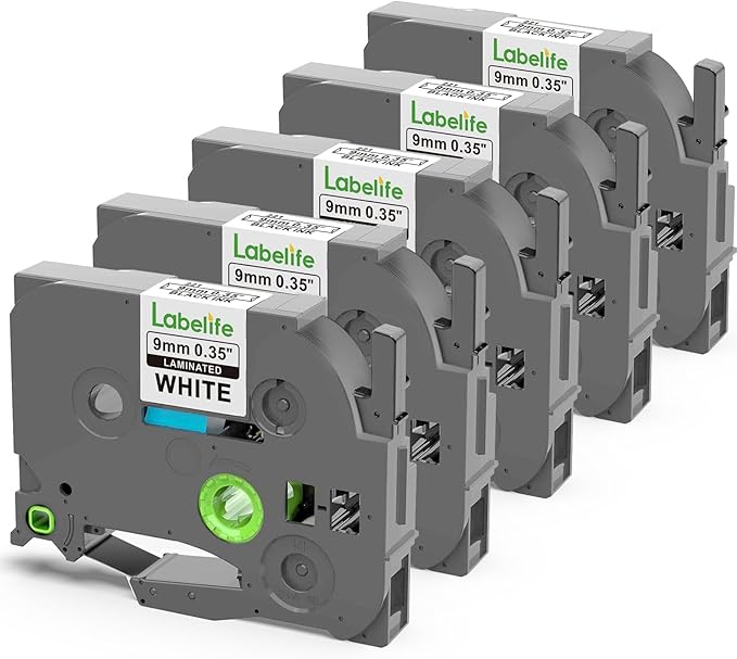 Labelife TZe-221 TZe221 Replacement for Brother P Touch Label Maker Tape 9mm TZe TZ Tape 9mm 0.35 Laminated White for Brother PT-D210 PT-D220 PT-D200 PT-H110 PT-D400 PT-D410, 3/8 Inch, 5-Pack
