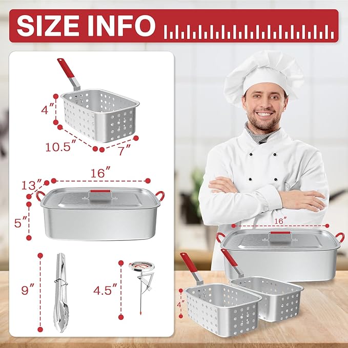 18QT Aluminum Deep Fryer Pot with 2 Baskets | Lid | 9" Fryer Tong | 6" Thermometer | Outdoor Fish Fryer Pot | Ideal for Frying Fish | French Fries | Chicken Wings