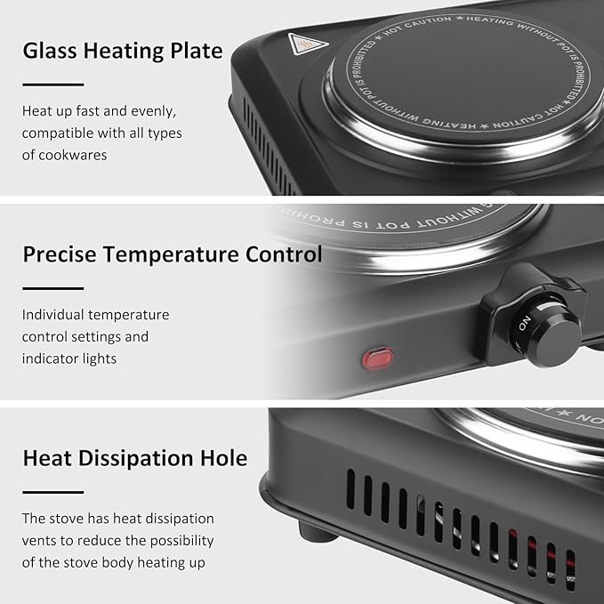 1800W Infrared Double Burner Electric, Portable Hot Plate for Cooking, Countertop Burner with 7.5” & 6.3” Glass Plate Cooktop with Stepless Temperature Adjustments for Kitchen, RV, Dorm