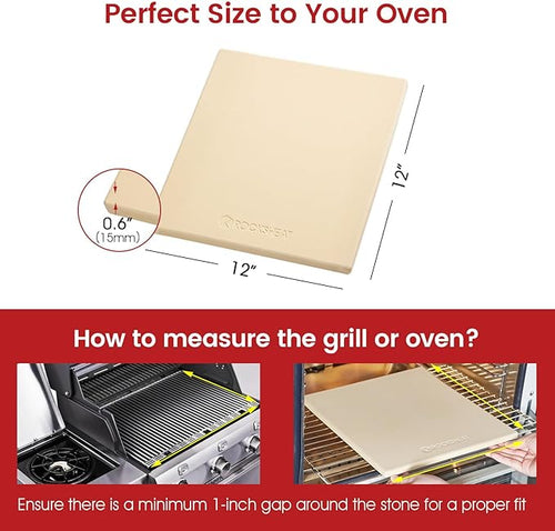 12x12x0.6 Inch Cordierite Pizza Stone, Oven & Grill Safe, Food-Grade Baking Stone for Crispy Crust Pizza, Bread, Pie & Cookies