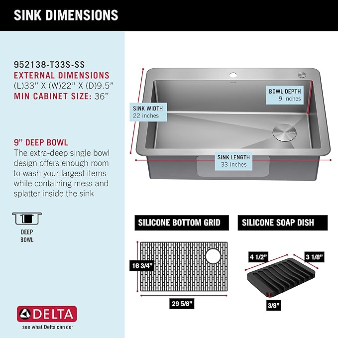 DELTA FAUCET Delta Marca 33 inch Drop-In Undermount Stainless Steel Single Bowl Kitchen Sink with Accessories