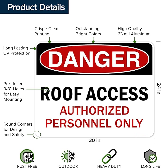 Danger Roof Access Authorized Personnel Only Sign, 24x30 Inches, Rust Free .063 Aluminum, Fade Resistant, Made in USA by My Sign Center