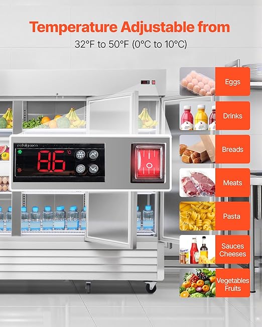 VEVOR Commercial Reach-In Refrigerator 85" W, 69 Cu.Ft Stainless Steel Upright Refrigerator with Three Doors, Auto-Defrost, 12 Adjustable Shelves, 32 to 50℉ Temp Control, ETL Certified