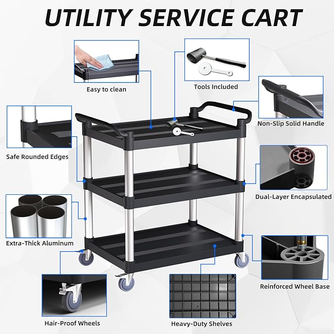 Utility Cart with Tangle-Free Wheels, 3 Tier Rolling Cart with Wheels(2 with Brakes), Heavy Duty 350 Lbs Capacity,Commercial Serving Cart for Home, Office, Restaurant, Warehouse.34 L x 17" W x 38" H