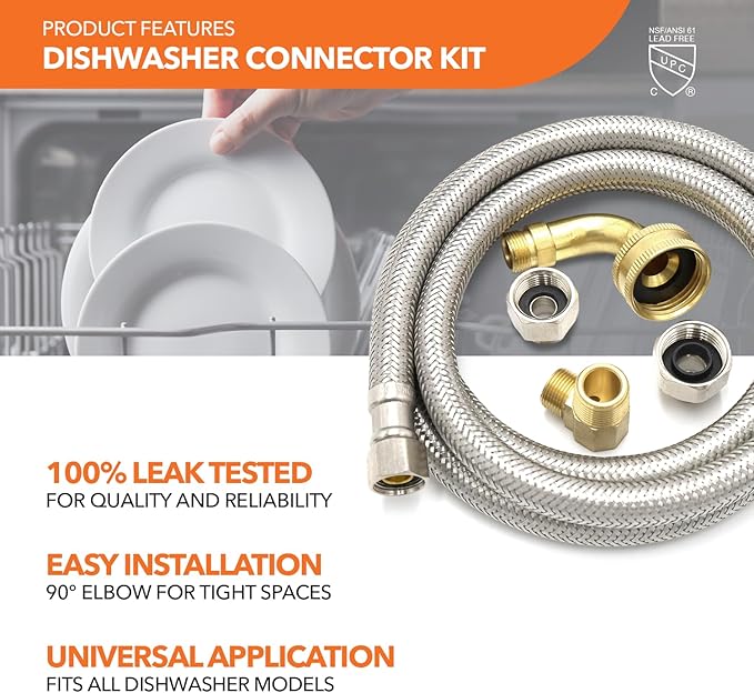 Universal Dishwasher Installation Kit, 3/8" Compression, 5ft long Braided Stainless Steel Hose + 3/4" Hose Bibb Elbow + 3/8" Compression Elbow & Compression Adaptor + 1/2" Compression Adaptor