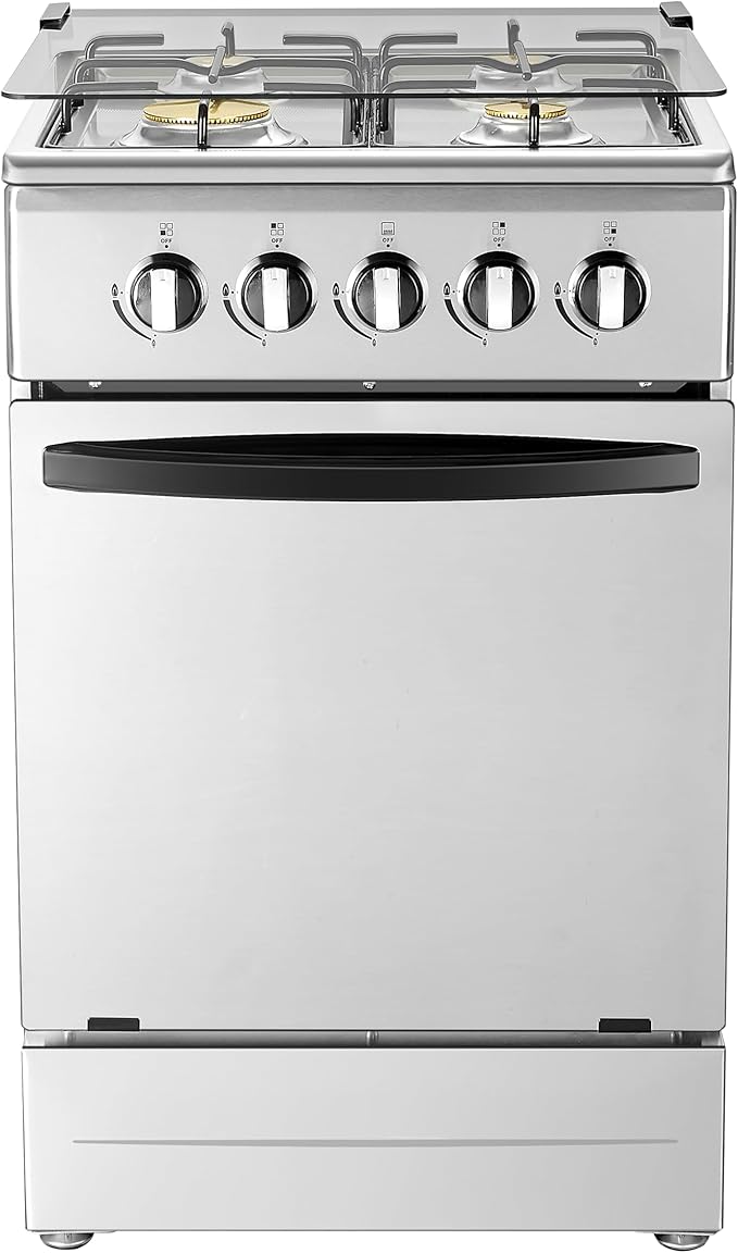 20" Free Standing Gas Stove Oven Range,4 Burner LPG Cooktop with 65L Oven, 201 Stainless Steel Body, Double Layer Mirror Surface Tempered Glass Door, Compact Design for Kitchen (LPG)