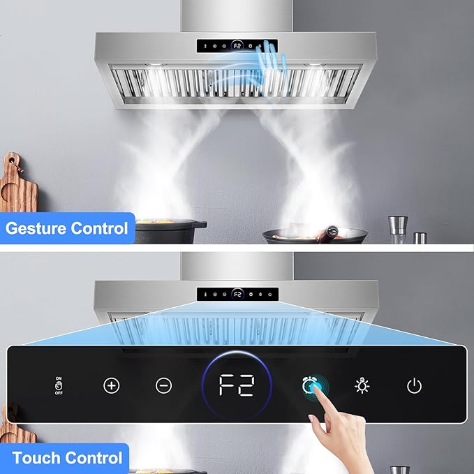 30 inch Wall Mount Range Hood, 1200 CFM with 4-Speed Gesture Sensing & Touch Control, Stainless Steel Ducted Kitchen Stove Vent Hoods with 2 LED Lights, Time Setting, Dishwasher-Safe Baffle Filters