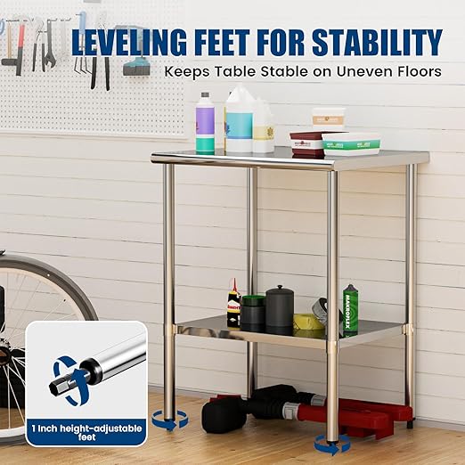 Stainless Steel Work Table 24 x 30 Inch with Adjustable Undershelf, Heavy-Duty Metal Prep Table for Commercial Kitchen & Restaurant, Garage, Outdoor