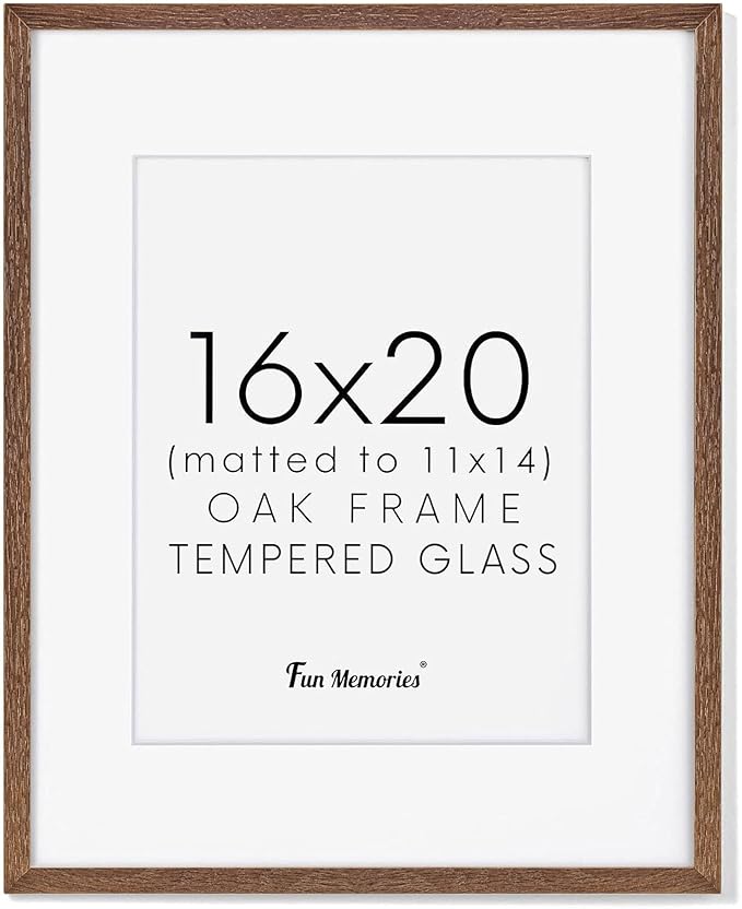 Fun Memories 16x20 Picture Frame for Wall, Real Oak Wood Frames 16 by 20, 16x20 Frame Matted to 11x14, Tempered Glass, 16 x 20 Wood Frame, 16"x20" Poster Frame, Walnut Color, 1 Pack