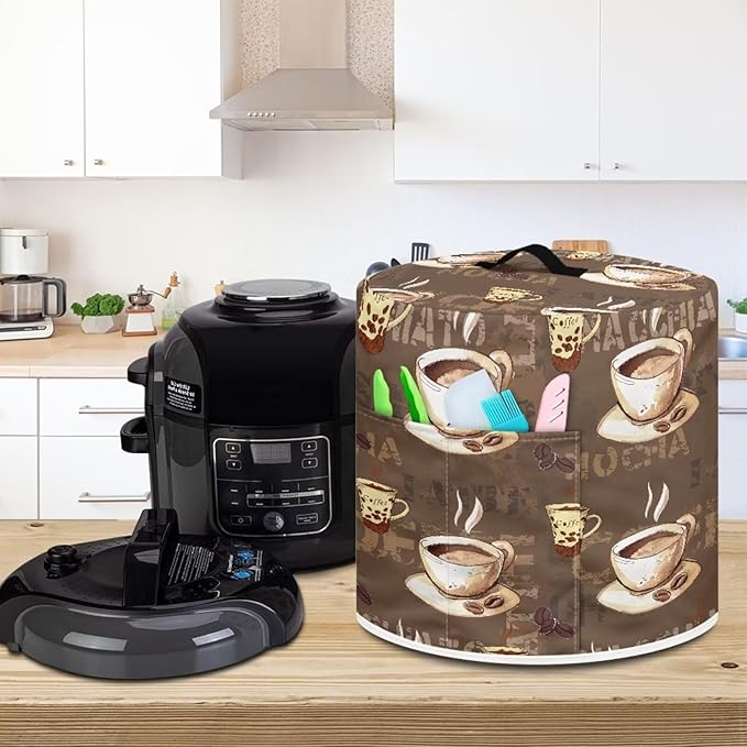 TODIYADDU Brown Coffee Pressure Cooker Cover with Pocket Novelty Air Fryer Cover Dust Cover Insulated Kitchen Appliance Cover Protector for Pressure Cooker Instant Pot Accessories Nice Gifts