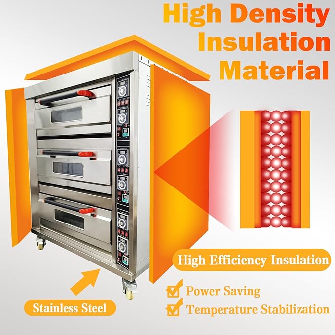 TECHTONGDA Commercial Convection Oven Stainless Steel Electric Triple Deck Pizza Oven with Universal Wheels Three-phase 208V 19800Watt for Restaurant Kitchen Bakery