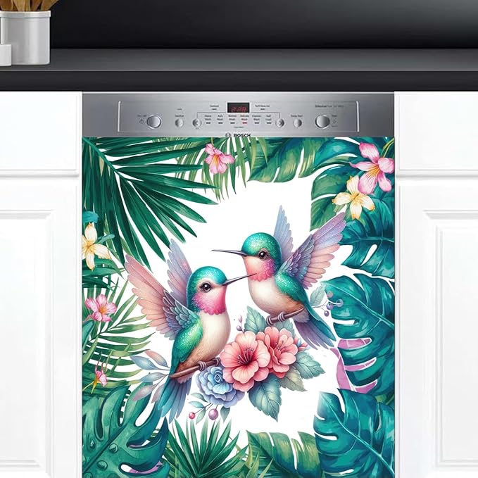 Summer Palm Leaf Bird Dishwasher Magnet Cover Summer Palm Leaf Bird Front Dishwasher Cover Decoration Reusable Magnetic Door Cover Panel Decal Home Appliances Stickers Kitchen Refrigerator 23"X26"