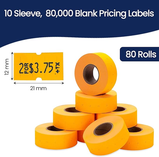 Perco 1 Line Fluorescent Orange Labels - 80 Rolls, 10 Sleeves, 80,000 Blank Price and Date Gun Labels for Perco Lite, X, Plus and Pro 1 Line Price and Date Guns - Made in USA