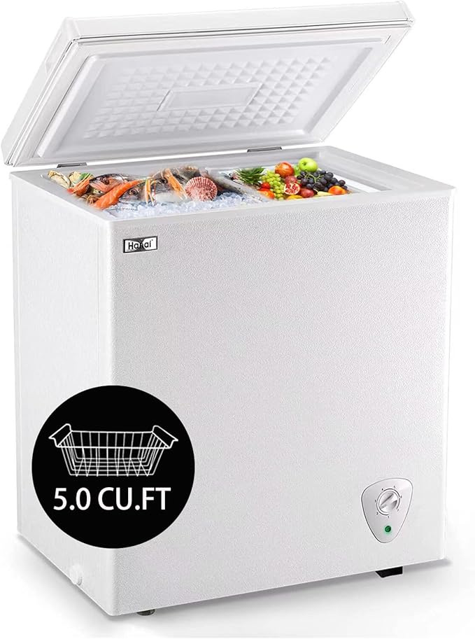 Chest Freezer 5.0 Cu.Ft Small Deep Freezer White Top Door Mini Freezer with Removable Basket, Low Noise, 7 Adjustable Temperature and Energy Saving Perfect for Home Garage Basement Dorm or Apartment