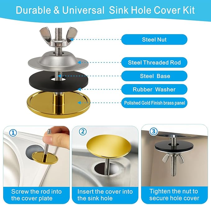2 Inch Faucet Hole Cover, Sink Hole Cover, Solid Brass Polished Gold Finish Kitchen Sink Tap Hole Plate Stopper Cover for Home Kitchen and Bathroom, Kitchen Sink Hole Covers (Gold)