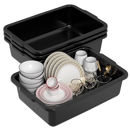 35 L Plastic Large Commercial Bus Tubs, Food Service Tubs, Black, 4 Pack
