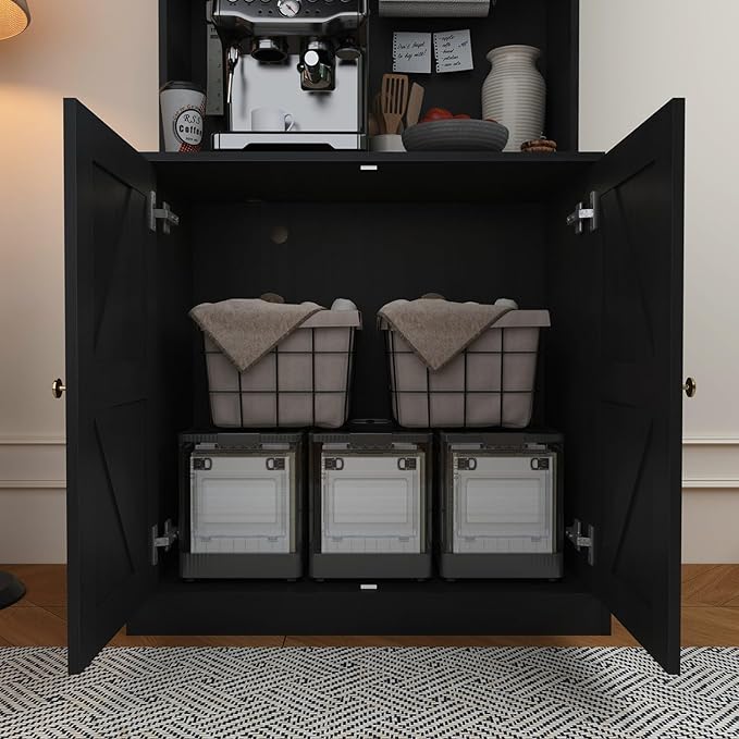 Vyre 71" Farmhouse Kitchen Pantry Cabinet Set of 4, Black Freestanding Coffee Bar Hutch with Glass Doors & Adjustable Shelves, Large Storage Cabinet with Microwave Stand for Living Room & Kitchen