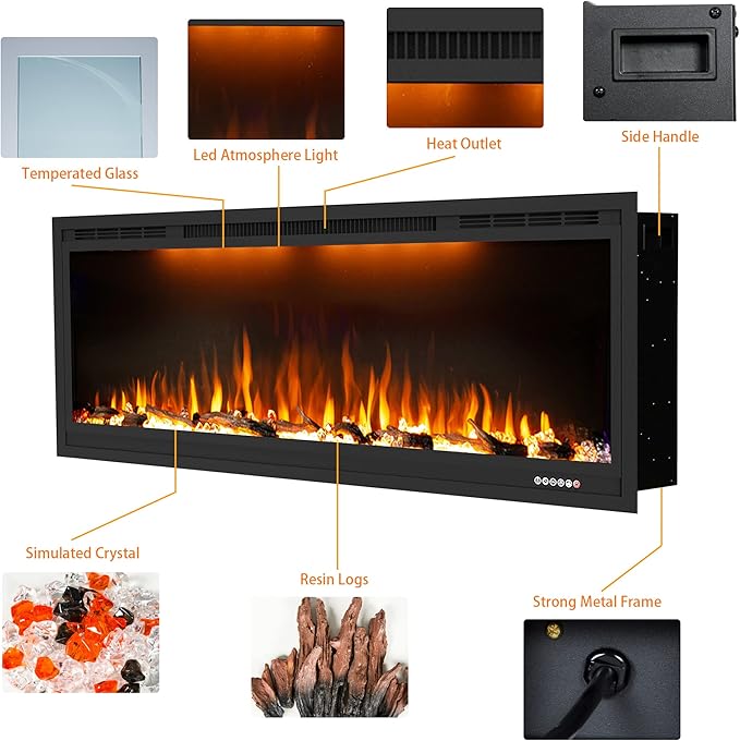 Electric Fireplace 42 inch, Recessed Wall Mounted Fireplace Heater, Linear in-Wall Fireplace, Logs & Crystal Options, 750/1500W, Black (42")