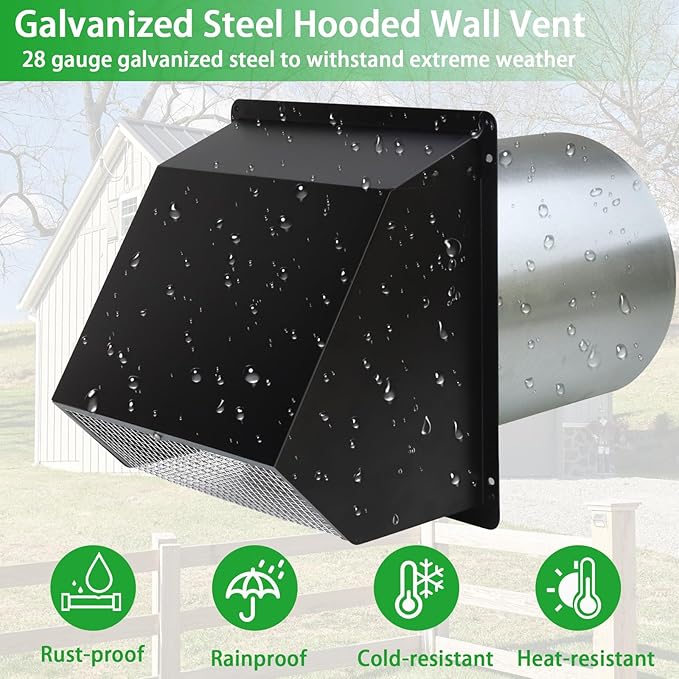 5 inch dryer Vent Cover Exterior Wall Vent Hood Outlet Airflow Vent Dryer exhaust vent with Screen and Damper,Outdoor Dryer Vent Cover cap for Range Hood/Kitchen Air Ventilation,Galvanized Steel,Black