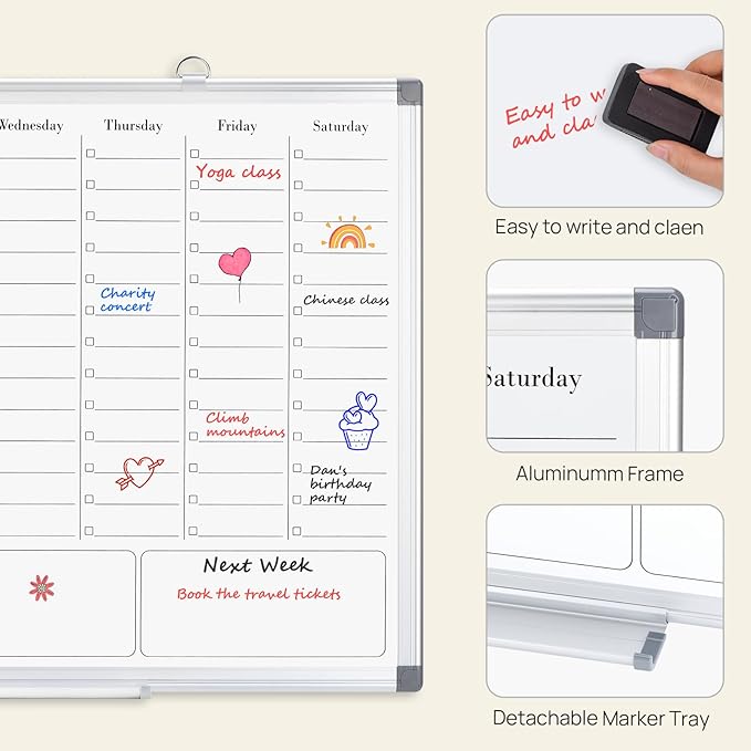 White Board Dry Erase Board for Wall, Magnetic Whiteboard Calendar 24" X 18", Weekly Calendar Whiteboard with Hourly Time Slots, Hanging Double-Sided White Board for Office,School,Home - 1 Pack