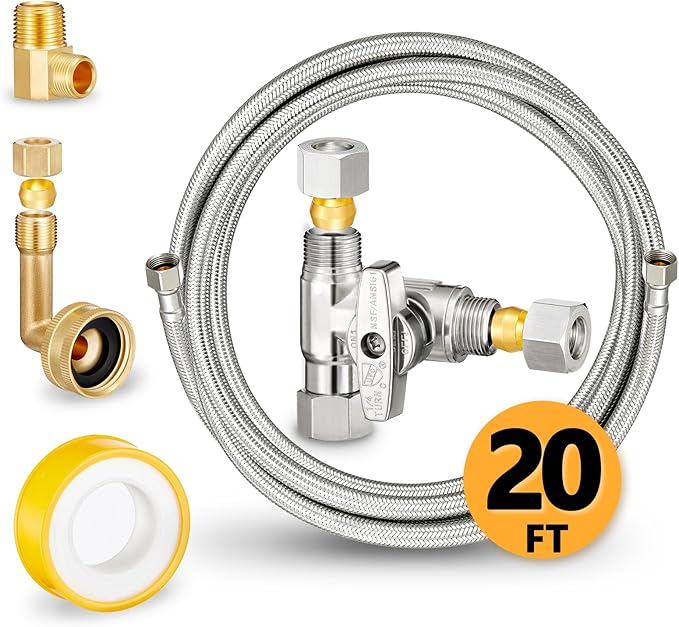 Dishwasher Hose Installation Kit - Includes Water Supply Line, 3/8" Compression Water Splitter, 3/4" FHT Elbow, and 3/8" MIP Elbow (20 FT)