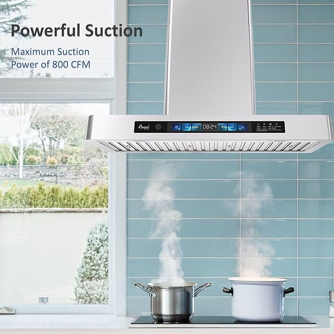Awoco 30" Wall Mount Range Hood, T-Shape Kitchen Hood with 800 CFM, Voice, Gesture, Touch & Remote Controls, Stainless Steel, 6" Vent, Dimmable LED Lights, Baffle Filters, Adjustable Chimney
