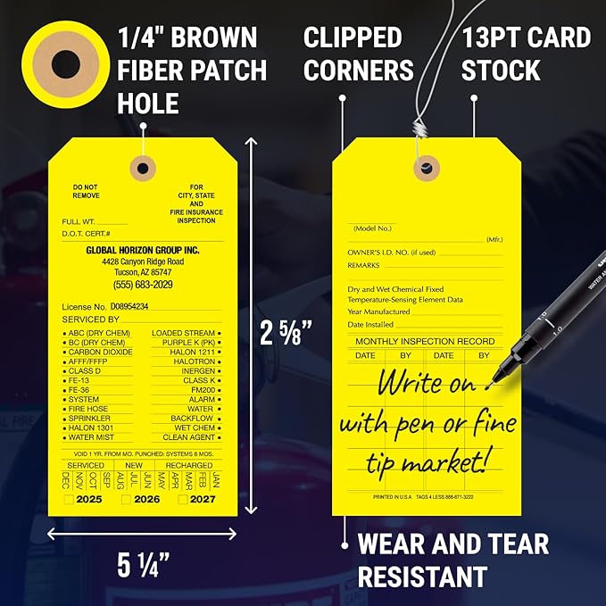 Tags 4 Less Custom Fire Extinguisher Tags – Preventative Maintenance Labels for Monthly Inspections, Alternative to Safety Sticker for Easy Record-Keeping – Pack of 100 (Yellow, Cardboard)