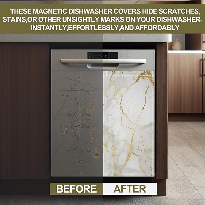 White Marble Dishwasher Magnets Decorative Cover,Gold Veins Magnet Fridge Panel Decal for Home Kitchen Decor,23x26 in