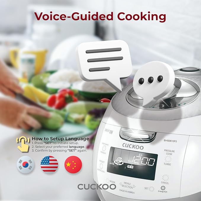 CUCKOO High Pressure Rice Cooker 6-Cup Uncooked / 12-Cup Cooked with Induction Heating Technology, Versatile Rice Maker with 16 Menu Options and Steam Plate, Voice Guide, White (CRP-BHSS0609F)