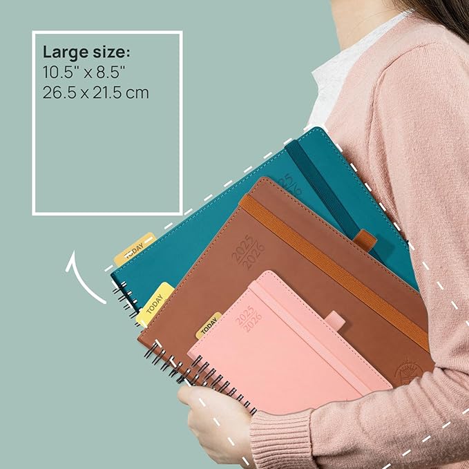 POPRUN Planner 2025-2026 (Large - 8.5'' x 10.5'') Academic Weekly Calendar (July 2025 - June 2026) with Hourly Time Slots, Monthly Tabs, 100GSM Thick Papers, Spiral Leather Cover - Pink