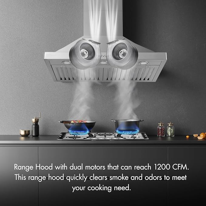 Upgraded 48 inch Wall Mount Range Hood Vent Convertible Dual Motors 1500CFM Stainless Steel for Kitchen 3 Speed Exhaust Fan ETL listed (Upgraded Dual Motors)
