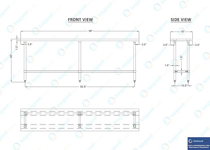 AmGood Stainless Steel Work Table Open Base | NSF Kitchen Island Food Prep | Laundry Garage Utility Bench (96" Long X 18" Deep)
