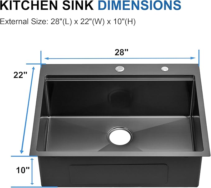 Scamall 28x22x10 Drop In Kitchen Sink Workstation, Nano Black 304 Stainless Steel Deep Single Bowl with Quick Drainage & Tarnish-Free Surface for Bar, Laundry, RV, Includes Accessories