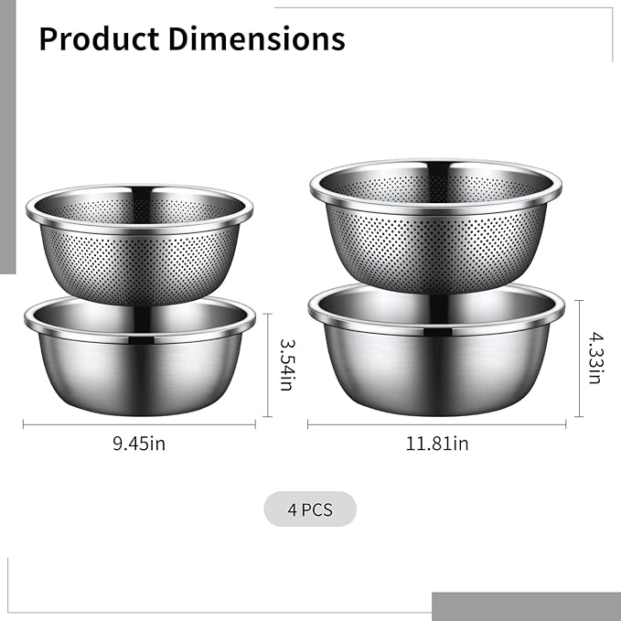 4 Pcs Stainless Steel Mixing Bowls Drain Basket, Set with Strainer, 24 cm/9.45 in and 30 cm/11.8 in Solid and Perforated Bowls, Rust-Resistant Kitchen Helper for Washing, Draining, and Filtering