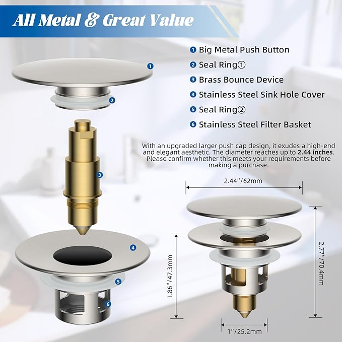 Hibbent All Metal 2 in 1 Bathroom Sink Stopper, Universal Pop Up Drain Strainer, Brass Bullet Core Push Type Sink Stopper for 1.1''~2.3'' Basin, Big Push Button, Anti Clogging Filter, Brushed Nickel