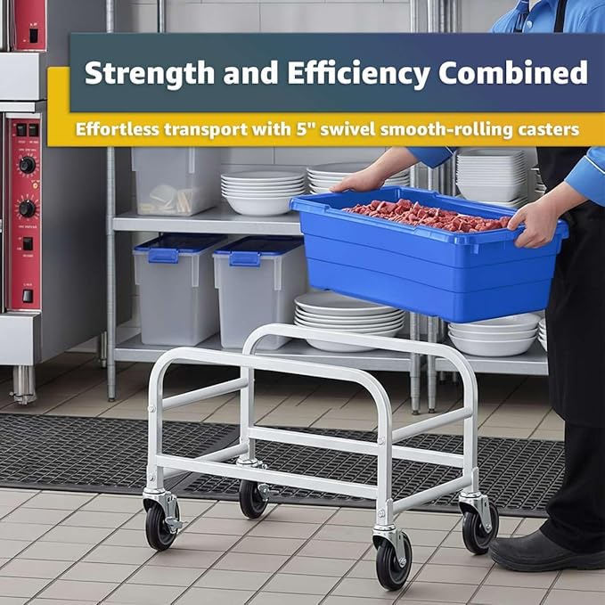16"x26"x19" Mobile Aluminum Lug Rack with Blue Meat Lug Tote Box - NSF Heavy-Duty 1 Lug Capacity Food Storage Cart with 5" Swivel Casters, Freezer Safe, Commercial Cart for Seafood, Ingredients