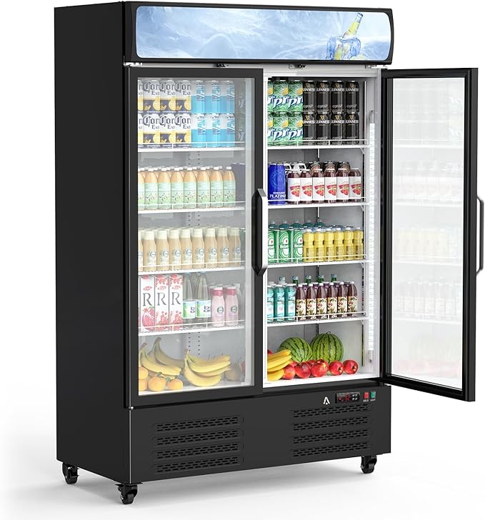 PeakPursuit 36.3 Cu.ft Commercial Beverage Refrigerator, Glass Door Upright Display Cooler, LED Light, Double Swing Doors, Adjustable Shelves, for Store, Restaurant, Bar, Office, Home