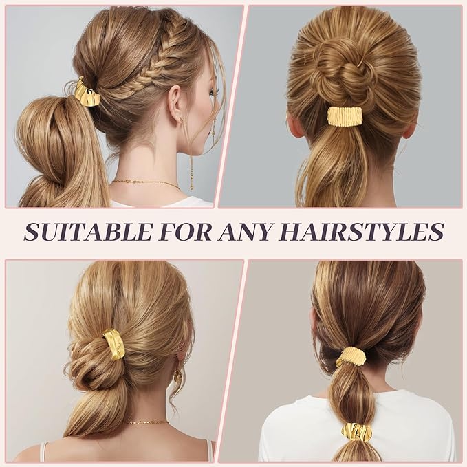 3PCS Metal Hair Tie For Women,Gold Cuffs,Metal Geometric Gold Hair Ties, Hair Accessories Stretchy and Non-Damage Ponytail Holders,Ponytail Cuff Hair Bands For Hair Styling (SET11)